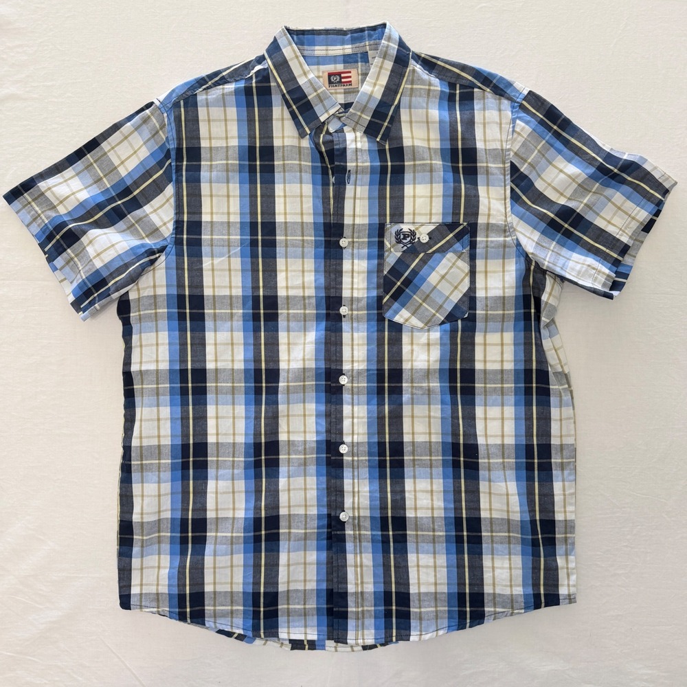 Phat Farm Mens Large Plaid Short Sleeve Button Down Shirt Blue Navy Y2K Hip Hop